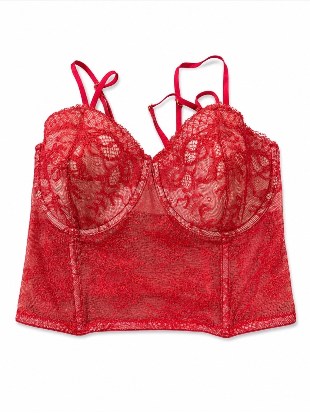 Victoria's Secret Red Lace Longline Bustier Bra 32DD wired boning underwire cups